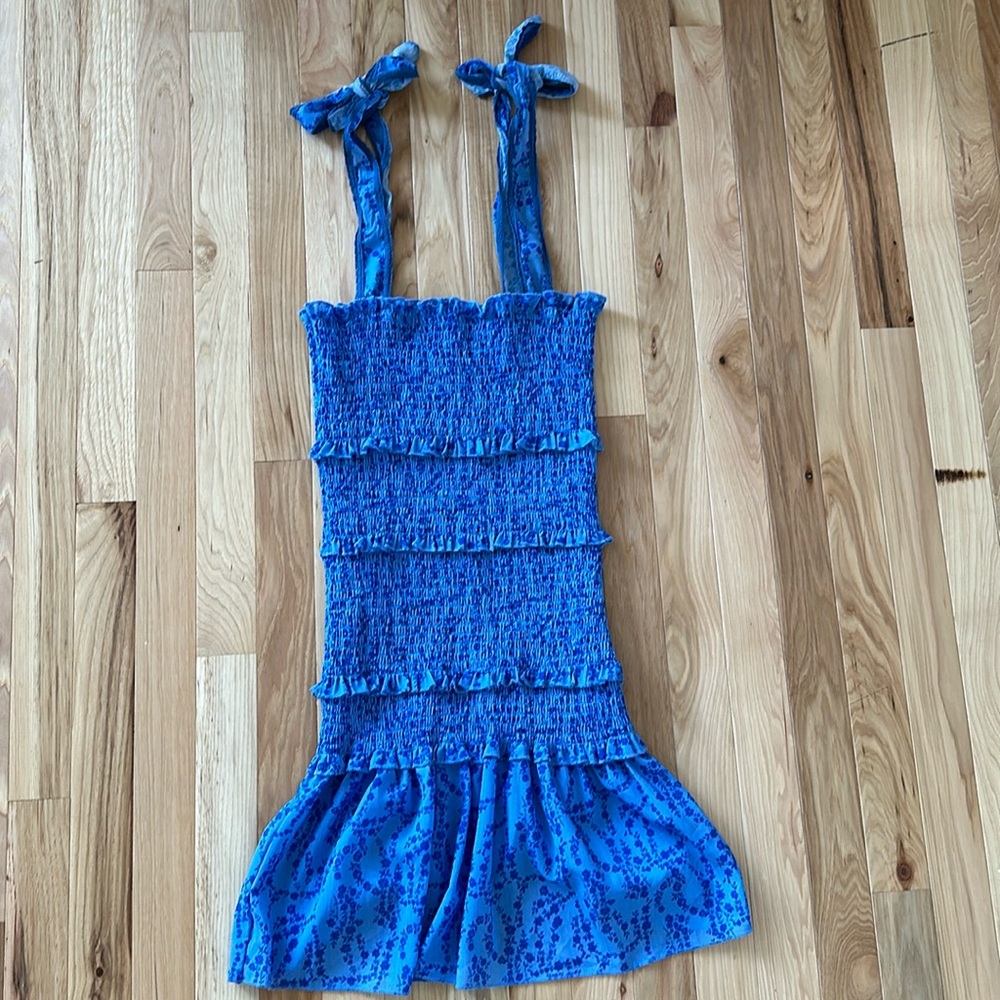 Floral square neck ruffle tie mini smocked dress